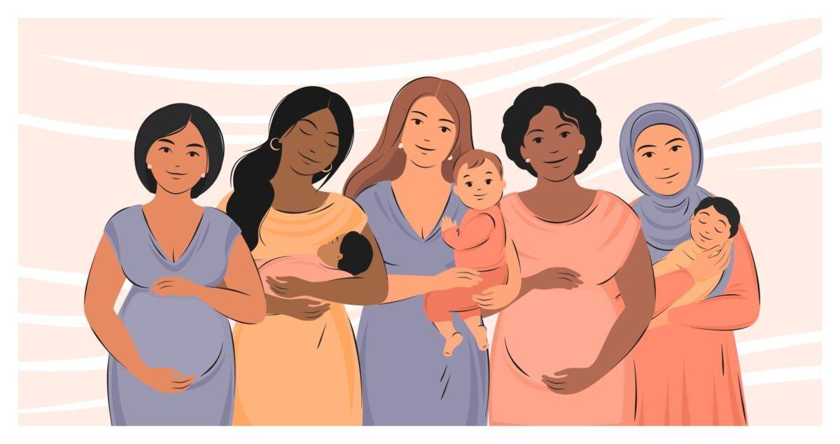 . Group of pregnant women and women with children. Vector illustration